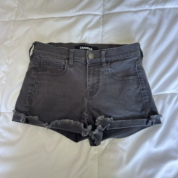 Express Womens 0 Black Denim Shortie Mid Rise Cuffed Shorts Supersoft Stretch - Picture 1 of 6